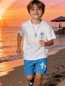 Boys' Two-Piece Set Vacation Style Cross Print Short Sleeve with Shorts, Breathable Casual, Summer Fashion