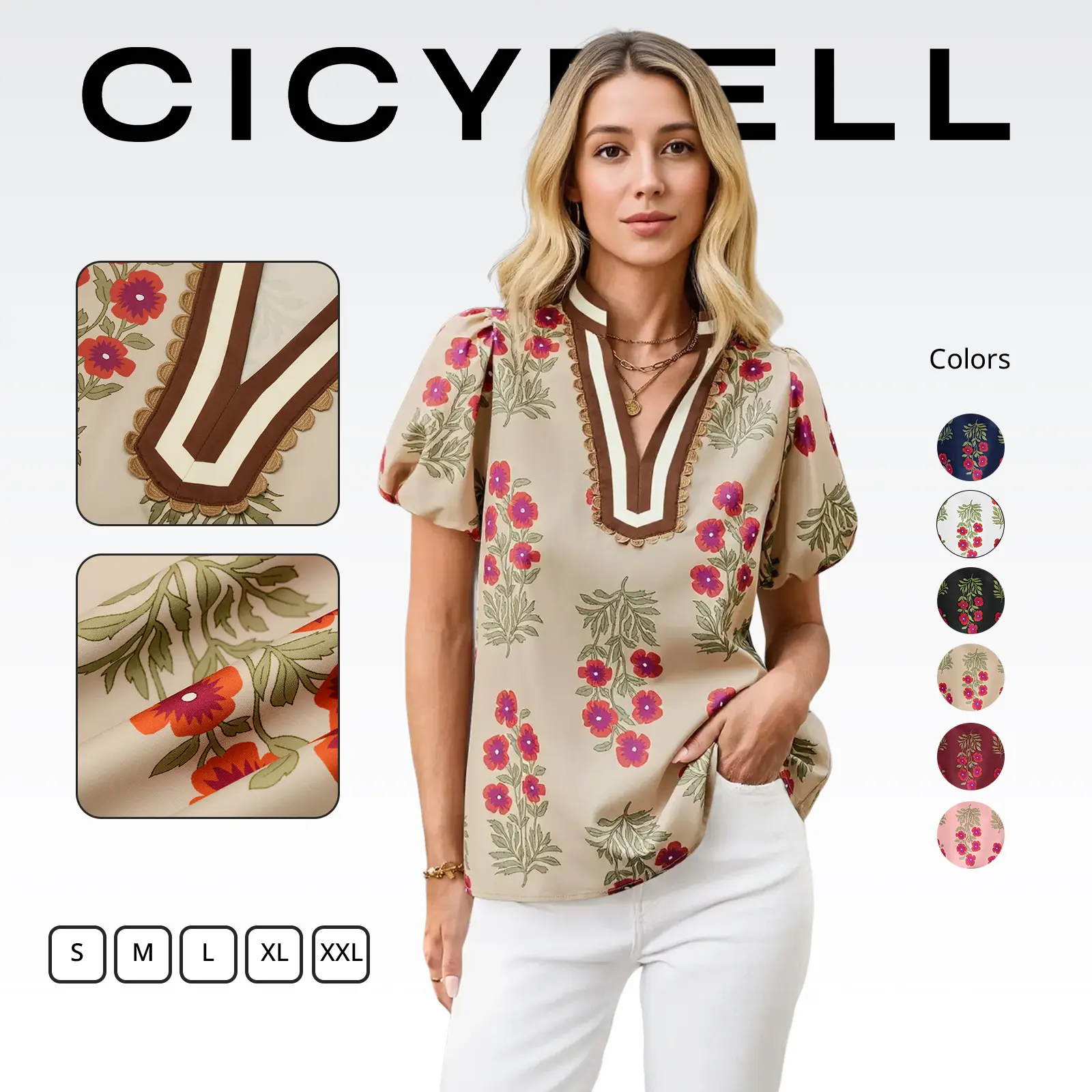 Cicy Bell Womens Floral Short Puff Sleeve Tops Boho V Neck Summer Blouses Dressy Casual Shirts