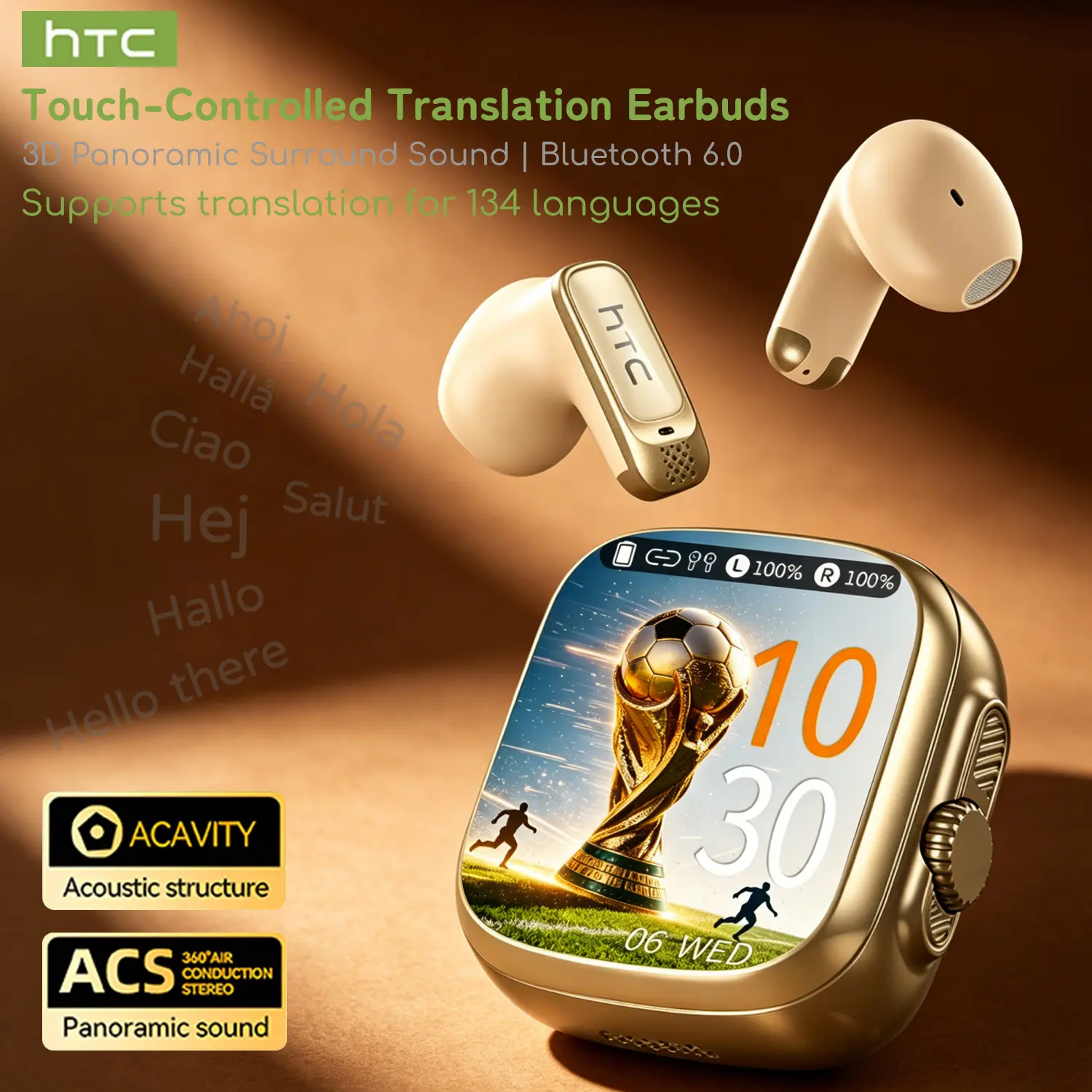 HTC NE72 Wireless Smart Screen Earbuds, Switch Bluetooth Name to Change Earbuds/Speaker Mode, Translation Earbuds, Two Touch Modes: Music Control & TikTok Scroll/Like