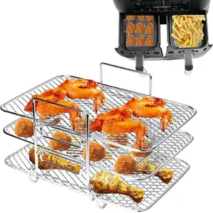 1 Count Rack Air Fryer, Multifunctional Air Fryer Dehydrate Rack Stackable, Grid Tier 3 Pan Grill Steel Stainless for Cookers Press, Ovens, Fryers Air, For Dual-Basket Air Fryers, Compatible With Ninja DZ201 DZ401 PowerXL, Air Fryer Accessories