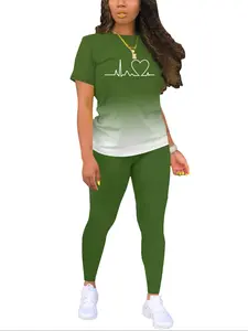 Women's Ombre Heartbeat Print Tee & Leggings Two-piece Set, Casual Round Neck Short Sleeve T-shirt & Skinny Pants for Daily Wear, Ladies Summer Clothes, Casual Lounge Set