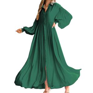 Chouyatou Women's Casual Long Sleeve Button Down Shirt Dress Elegant Pleated Flowy Swing Maxi Dress Summer Womenswear Black Collared