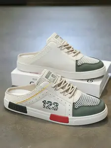 Plus Size Men's White-Black Number Mule Sneakers, Cool Light & Breathable Style, Hollowed Mesh+ Mule Slip-On Design, Breathable & Refreshing, Plus Size Friendly , Ideal for Plus Size Men's Summer Leisure & Light Outings, Walking Shoes, Footwear