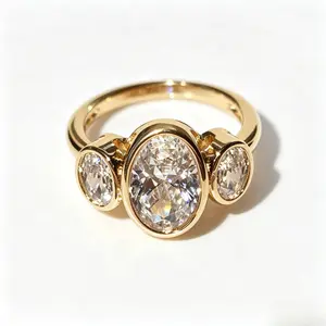 Vintage 3-Stone Oval Cubic Zirconia Ring| 14K Gold Plated Elegant Daily Statement Ring queen