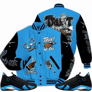 14 University Blue Outfits, Black University Blue 14s Varsity Jacket, Trust No One Unisex T-Shirts To Match Sneakers Streetwear