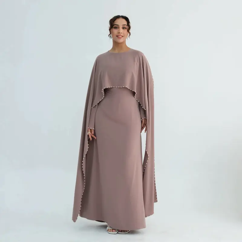 Women's Dubai Style Nida Pearl Cape Abaya, Elegant Floral Brown Gold Full-Length Formal Gown, Loose Lightweight Breathable Pearl-Embellished Dress for Eid, Weddings, Gift for Loved Ones