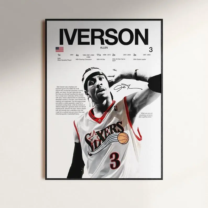 Allen Iverson Philadelphia 76ers Poster - Basketball Stat Sheet Wall Art