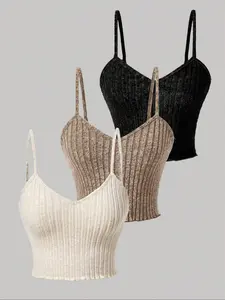 Women's Plain Lettuce Trim Backless Fitted Crop Cami Top, Casual Spaghetti Strap Top for Summer, Ladies Clothes for Daily Wear