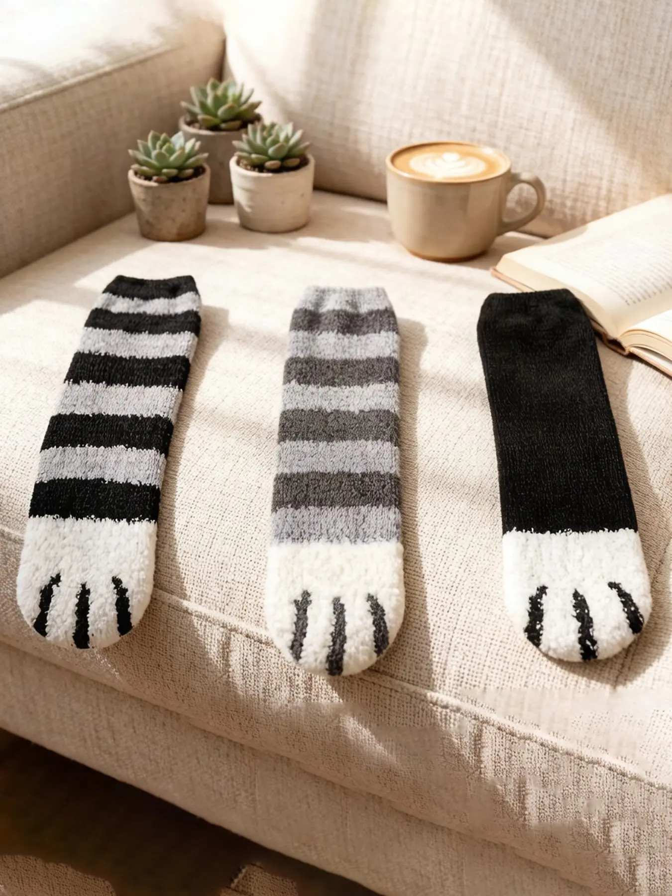 3 Pairs Women's Cat Paw Pattern Thermal Socks, Fuzzy Soft Coral Fleece, Cute Striped Design, Warm Floor Socks for Cold Weather