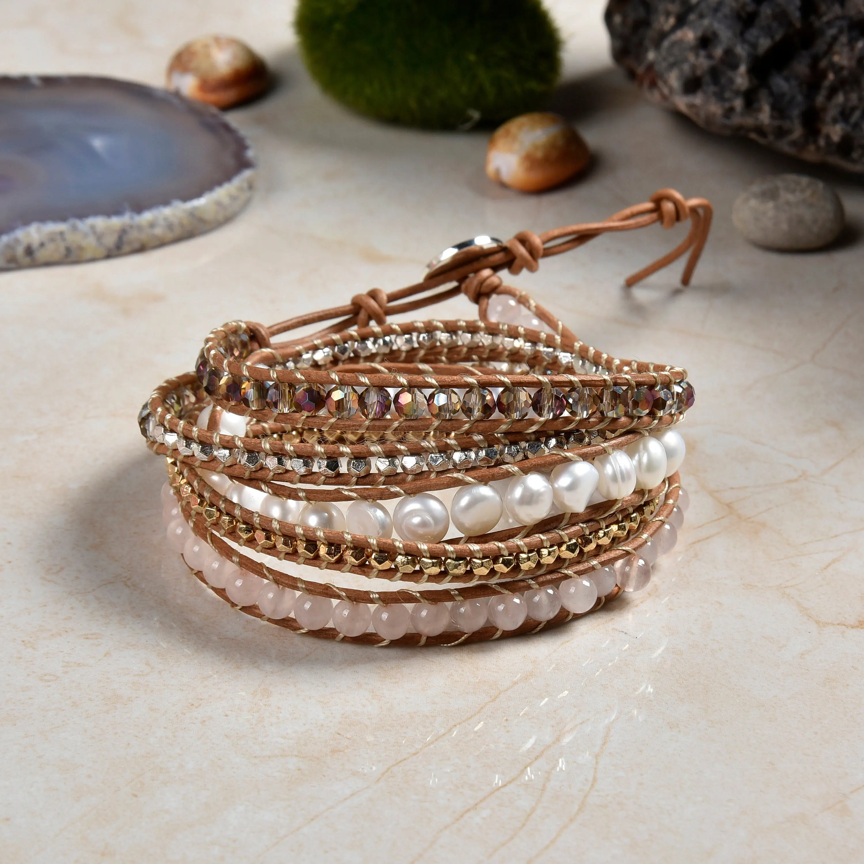 Beaded Rose Quartz Cultured Pearl Mix-media Wrap Bracelet. 5-Wrap Mixed Stone Leather Bracelet. Unique Stackable Statement Bracelet.