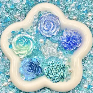 Crystal Blue Persuasion -  Rose Mix - Floral Resin Cabochon Mix with Rhinestones – Assorted Flower Resin Charms for Whipped Cream Glue, Resin Art & Mirror Decoration