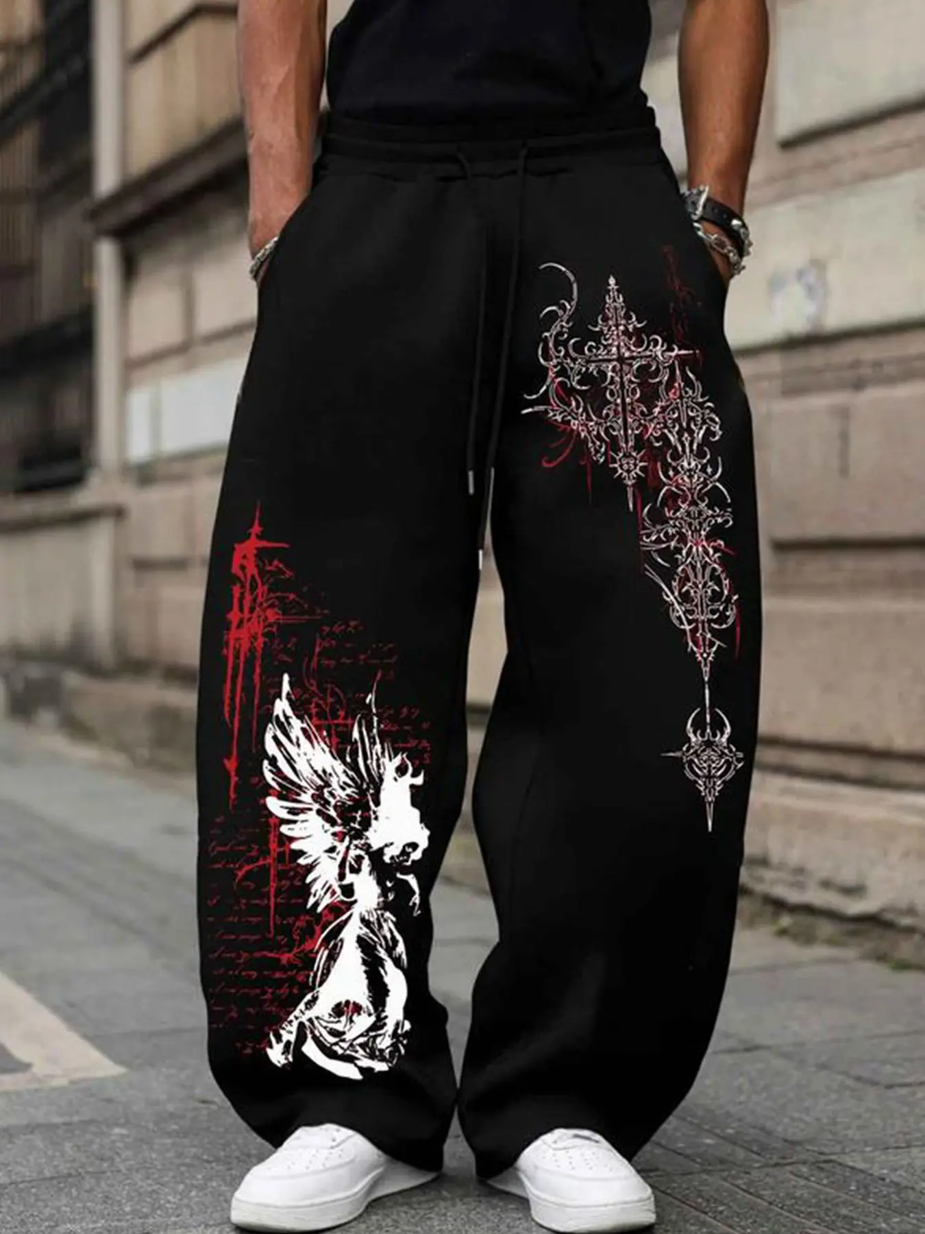 Men's Gothic Graphic Print Streetwear Sweatpants, Luxurious Cross Design, Winged Creature Pattern, Ink Decor, Soft Comfortable Fabric