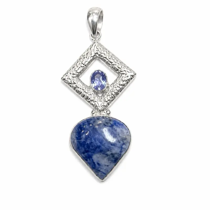 Adults' Unisex Sterling Silver Pendant - Geometric Design, Elegant Genuine Tanzanite Accent Stone, Natural Sodalite Teardrop Gemstone, December Birthstone Jewelry Accessory