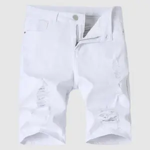 Men's High Cotton Y2K White Distressed Denim Shorts, Retro Solid White Jean Shorts with Frayed Rips & Slim Fit, Streetwear Casual Jorts for Men