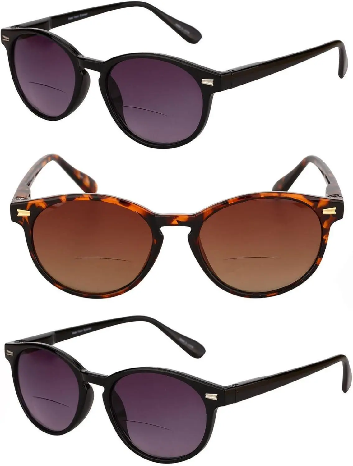 'The Brilliance' 3 Pair of Round Frame Bifocal Reader Sunglasses with Maximum UV Protection & Spring Hinges for Men and Women