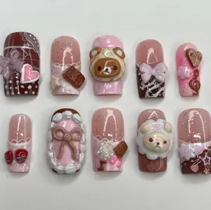 S97 Sweet Cocoa Bear Press-On Nails, 3D Chocolate Bar, Teddy, Pink Ribbons & Candy Details, Custom Cute Nail Art for Gift Ideas, Solana Nails Town