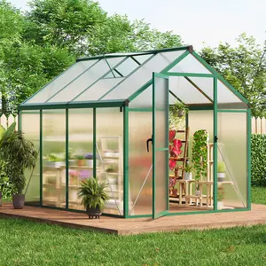 GARVEE 6x8 FT Greenhouse for Outdoors, Polycarbonate Greenhouse with Roof Vent, Ground Nails, Lockable Push Door, Aluminum Large Walk-in Green House for Outside Garden Backyard, Patio, Lawn, Green