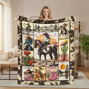 Retro Western Cowgirl Aesthetic Soft Throw Blanket - Desert Cactus, Cow Print Boho Style - Western, Cow, Animal Print Blankets, Western Blankets