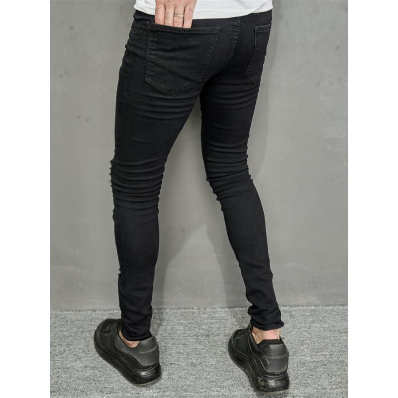 Men's Slim-Fit Black Ripped Jeans - Stretch Denim, Hip-Hop Street Style, Machine Washable Pants Cotton Menswear Trouser