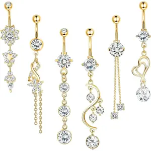 CASSIECA  6 Pcs Belly Button Bar for Women 14G Dangle Belly Bar 316L Surgical Steel CZ Navel Barbell Body Piercing Jewelry 10mm