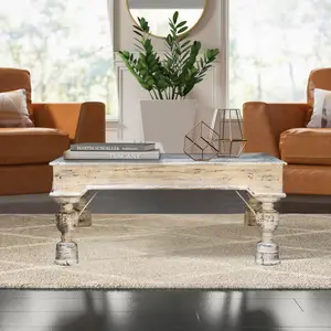 Antique Teak Wood Door Repurposed 43" Square Distressed White Coffee Table