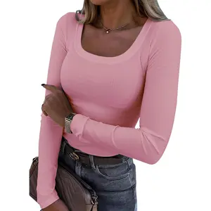 Womens Long Sleeve Scoop Neck Ribbed Knit Fitted Casual Tops Tee Slim Basic Shirts