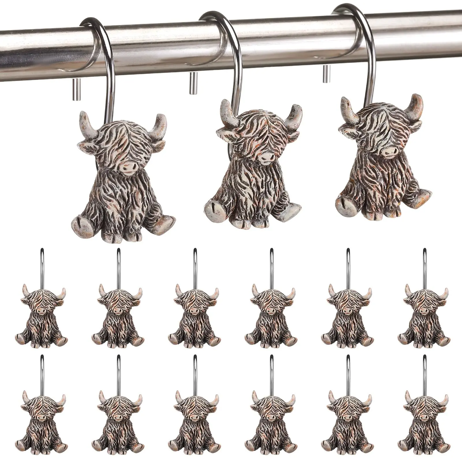 12Pcs Highland Cow Shower Curtain Hooks, Rustproof Stainless Steel Rings for Farmhouse Western Bathroom Decor, Cute Cow Lover Gift, Smooth Glide Bath Curtain Hangers for Rustic Home, Apartment, Guest Bath