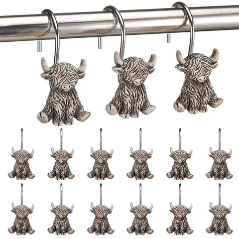 12Pcs Highland Cow Shower Curtain Hooks, Rustproof Stainless Steel Smooth Glide, Farmhouse Western Bathroom Decor for Rustic Home Guest Bath, Cute Cow Lover Gift Fall Halloween
