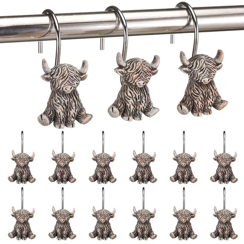 12Pcs Highland Cow Shower Curtain Hooks, Rustproof Stainless Steel Smooth Glide, Farmhouse Western Bathroom Decor for Rustic Home Guest Bath, Cute Cow Lover Gift Fall Halloween