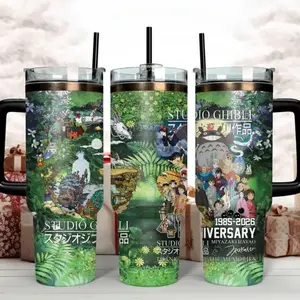 Studio Ghibli 1985-2026 Anniversary Tumbler 40oz, Anime Movie Character Mug With Handle Straw, Miyazaki Fan Gift Cup, Forest Aesthetic