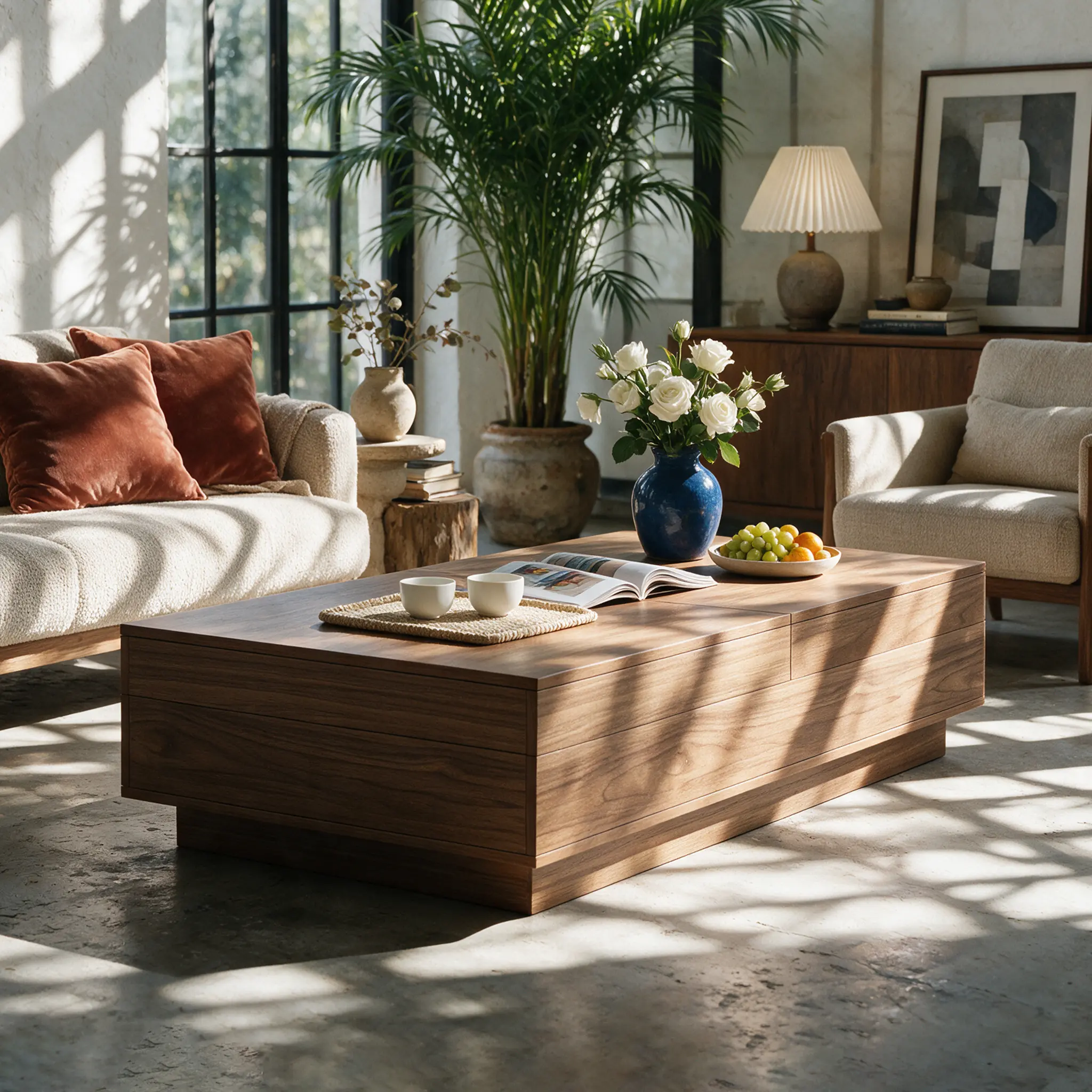 47.2" Mid-Century Modern Expandable Coffee Table with Ample Storage, Space-Saving Design
