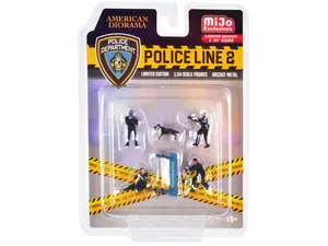 "Police Line 2" 6 piece Diecast Set (4 Police Figures, 1 Dog Figure and 1 Accessory) for 1/64 Scale Models by American Diorama