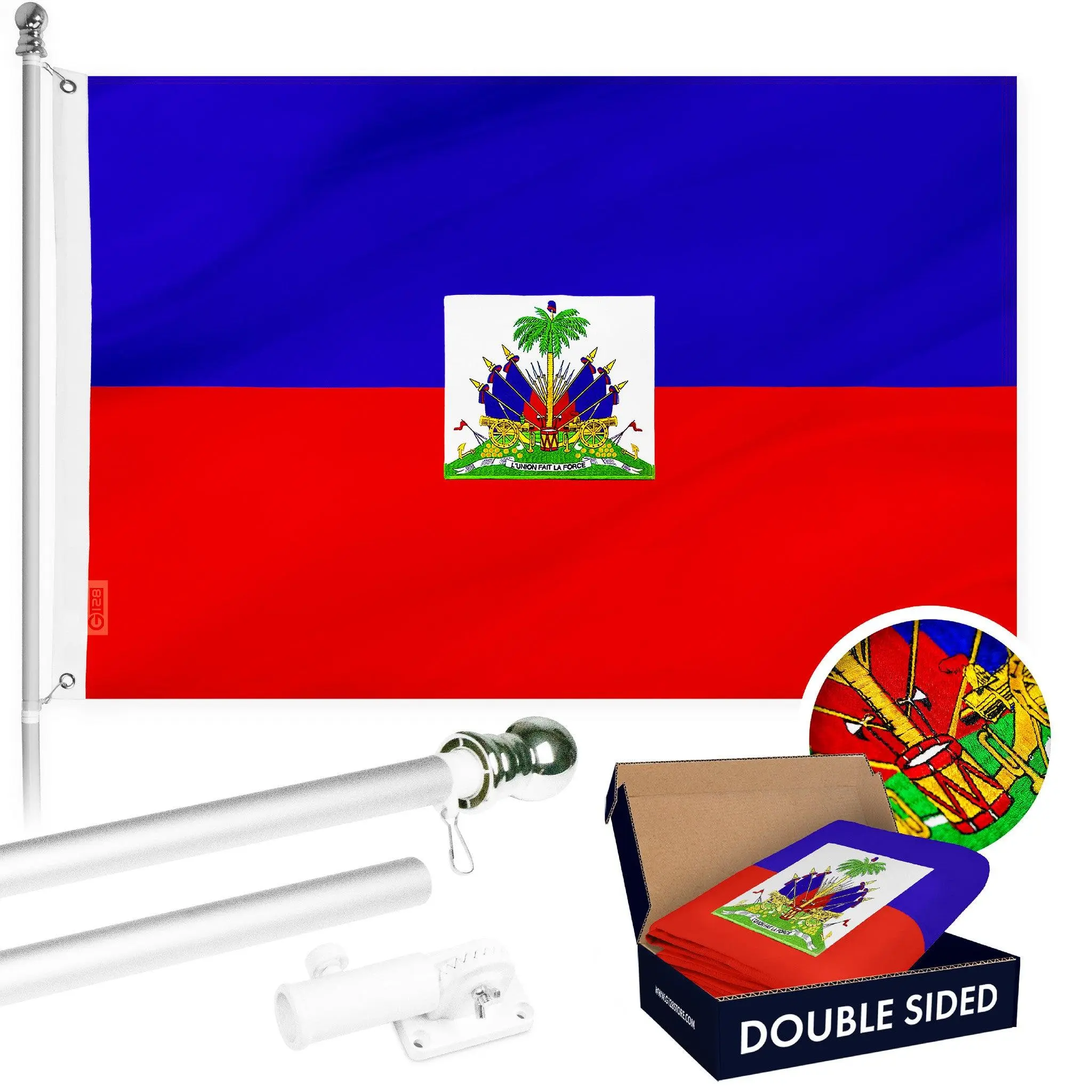 G128 Combo Pack: Flag Pole 6 FT Silver Tangle Free & Haiti Haitian Flag 3x5 FT Double Sided Embroidered 210D Polyester