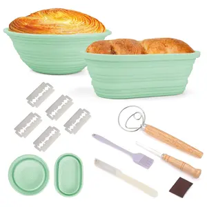 Sourdough Proofing Basket Set - 9 Inch Round & 10 Inch Oval Collapsible Silicone Proofing Basket, Banneton Bread Proofing Basket with Bread Lame, Dough Scraper and Bread Making Tools