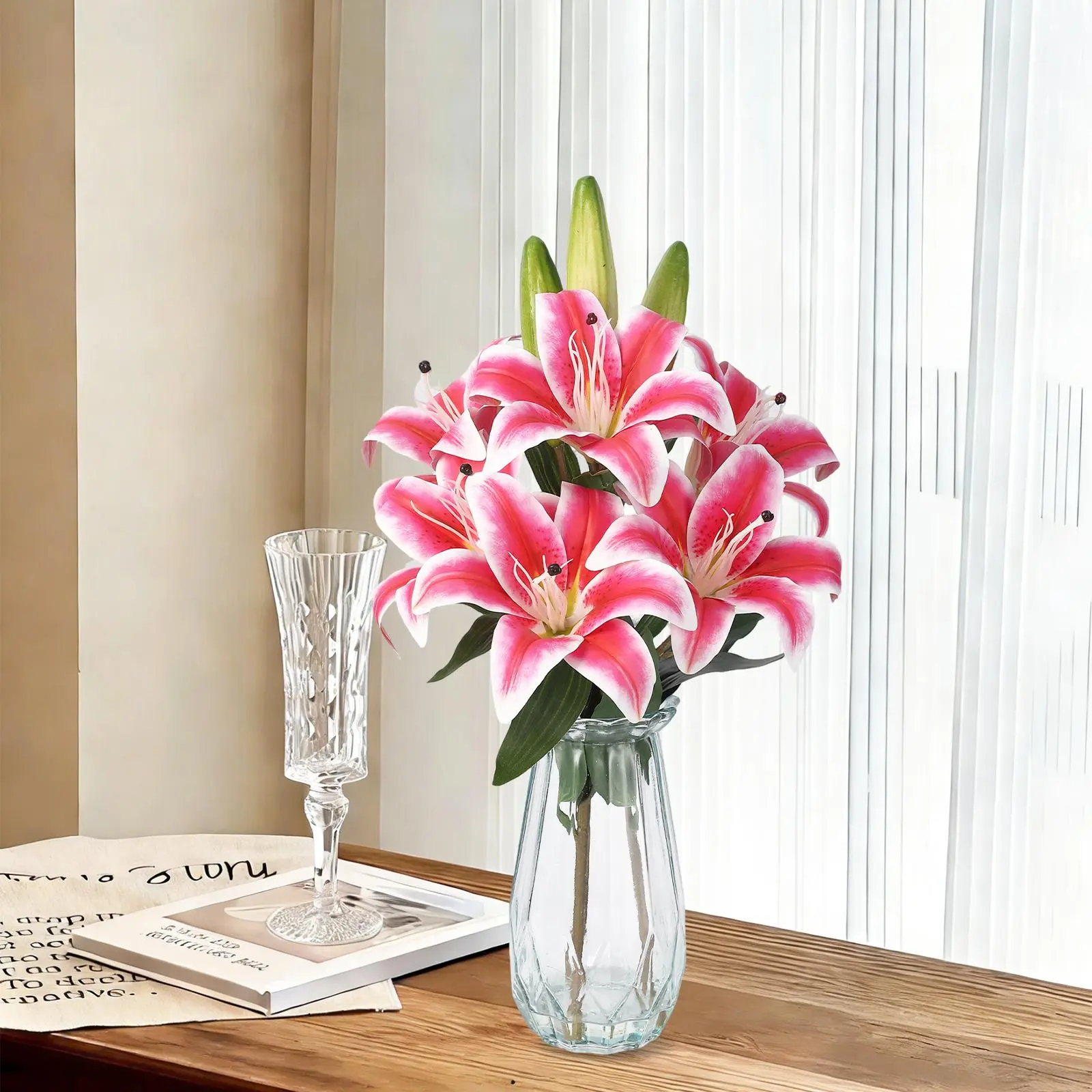 Garvee Real Touch Artificial Floral Arrangement in Glass Vase - Faux Water Look - 3 Stems, 6 Blooms + 3 Buds - Lifelike Silk Centerpiece for Home, Office & Dining Table Decor
