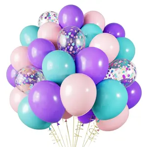 60Pcs Mermaid Balloons With Latex Confetti, Light Pink Purple Blue With Ribbons For Birthday Party Decorations Mermaid Party