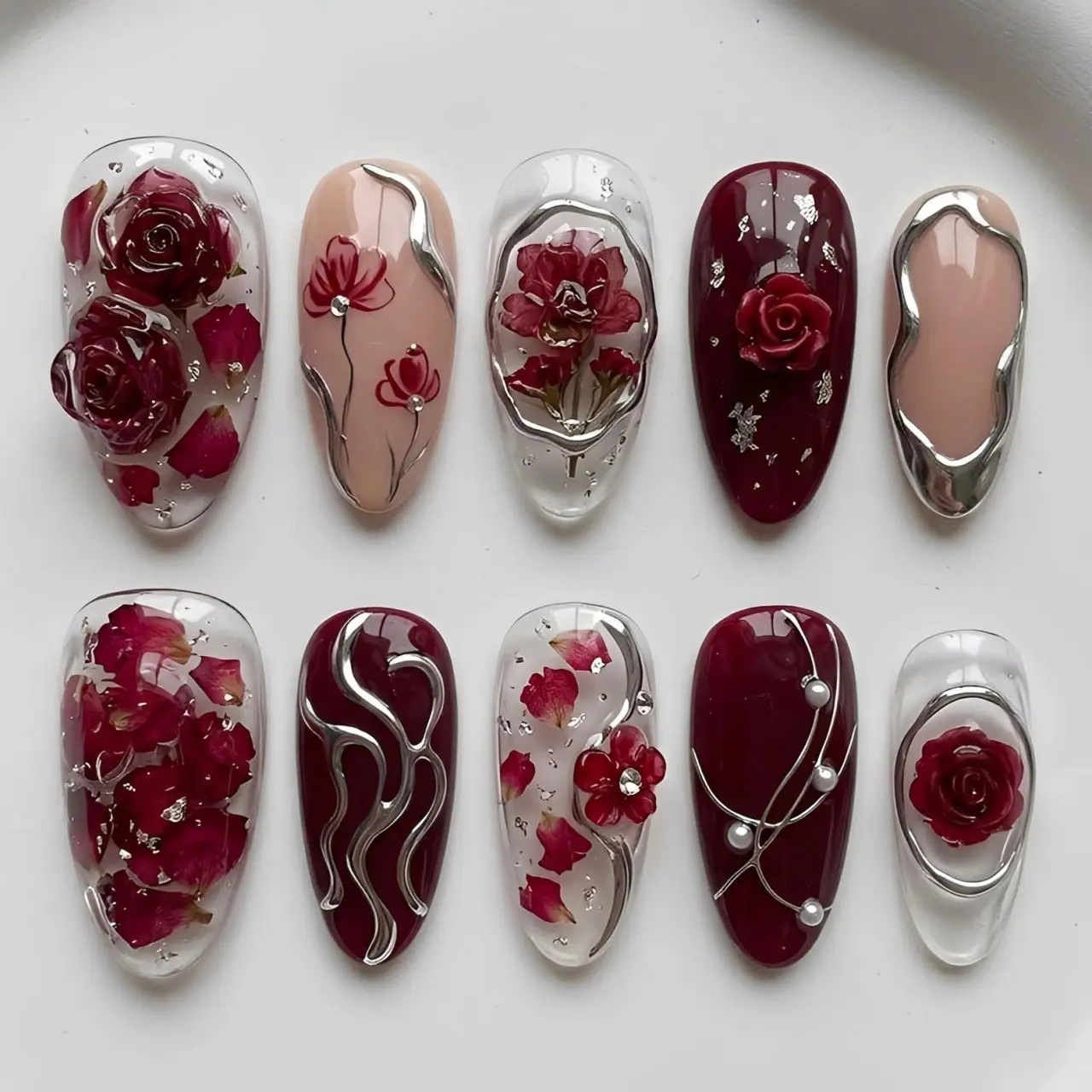 Burgundy Rose Press On Nails | Crimson Rose Romance | 3D Dried Flower & Silver Liquid Metal Set | Luxury Reusable Fake Nail Set