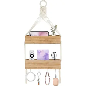 Macrame Hanging Shelf for Bedside Shelf Organizer with Hooks, Boho Wall Decor Cute Wood Floating Shelves for Girls Bedroom Dorm Nursery, Wall Storage for Phone, Remote, Accessories (Small)