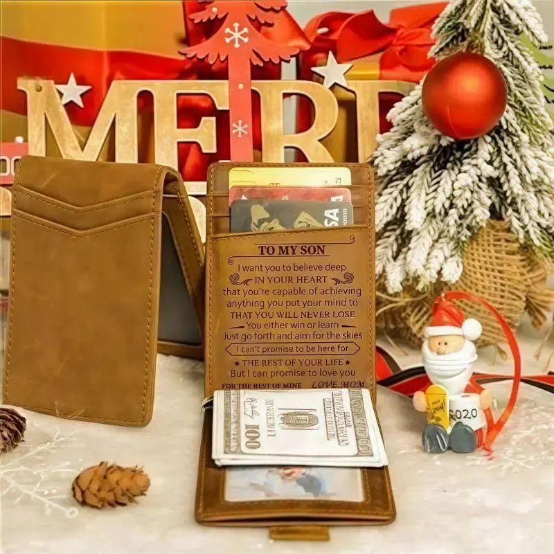 Premium Engraved Leather Wallet for Mom to Son - Laser-Engraved Inspirational Message & Built-in Section for Easy Access - Perfect Christmas/Birthday Gift，Easter，Valentine's Day and Mother's Day gifts