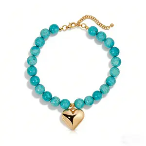 Luck and Love Turquoise Necklace for Women 18k Gold Plated Heart Charm 15 Inches with 3 Inch Extender Marine Life Pendant