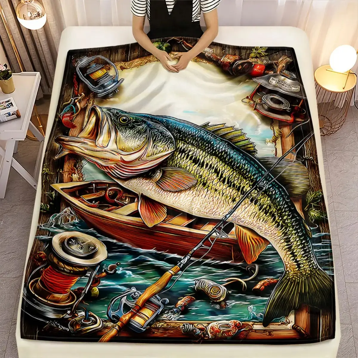 1pc Fish with Fishing Equipment Blanket-Lightweight Home Furnishings Bedding Blanket 280gsm Suitable for Sofas Beds Travel Camping Living Rooms Offices Sofas Chairs and Beds-Soft and Warm Fabric Digital Printed Blanket 2d