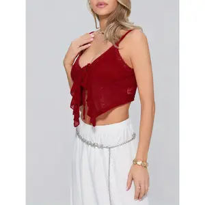 Sexy Red Lace Trim Front Tie Women's Camisole Top - V-neck Sleeveless Short Vest with Adjustable Thin Straps, Perfect for Summer Clubs and Streetwear, Night Out Top|Sexy Short Top|Non-stretch fabric