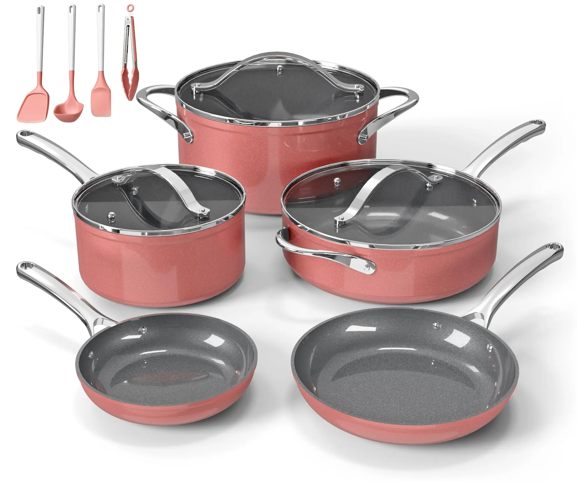 Bakken 12-Piece Aluminum Cookware Set with Ceramic Nonstick Coating, PTFE & PFAS Free, All Stovetop Safe Up To 500°F, Pots and Pans Set with Lids, Silicone Utensils Included, Dishwasher Safe