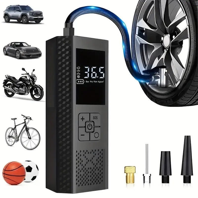 Cordless Portable Tire Inflator Air Compressor - 150 PSI, Digital Pressure Gauge, LED Light, USB-Rechargeable Battery, for Cars, Bicycles, Emergency Use