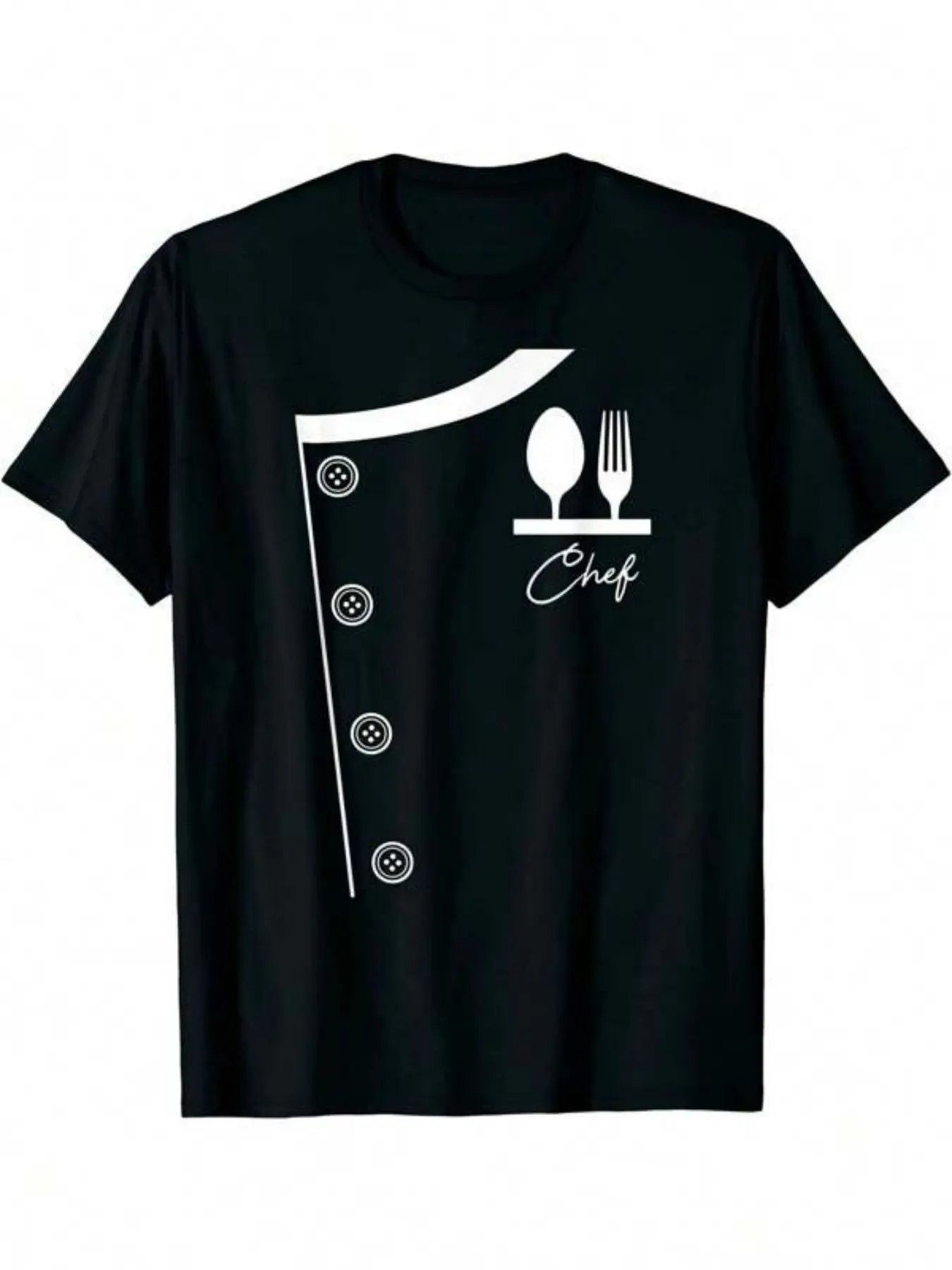 Mens Chef Uniform T-Shirt |   Black with White Chef Coat & Apron Graphic Casual Style Crew Neck Regular Fit Slight Stretch Fabric Sizes S3XL Perfect for Cooking Enthusiasts Culinary Theme Parties Beach & Sports All-Season Casual Wear