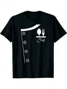 Mens Chef Uniform T-Shirt |   Black with White Chef Coat & Apron Graphic Casual Style Crew Neck Regular Fit Slight Stretch Fabric Sizes S3XL Perfect for Cooking Enthusiasts Culinary Theme Parties Beach & Sports All-Season Casual Wear