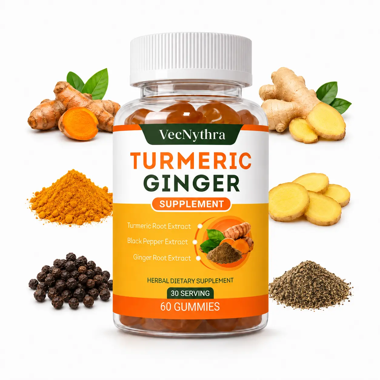 VecNythra Turmeric Ginger Gummies with Black Pepper, 500mg Turmeric Root Extract per Serving, 60 Gummies, 30 Servings, Herbal Dietary Supplement
