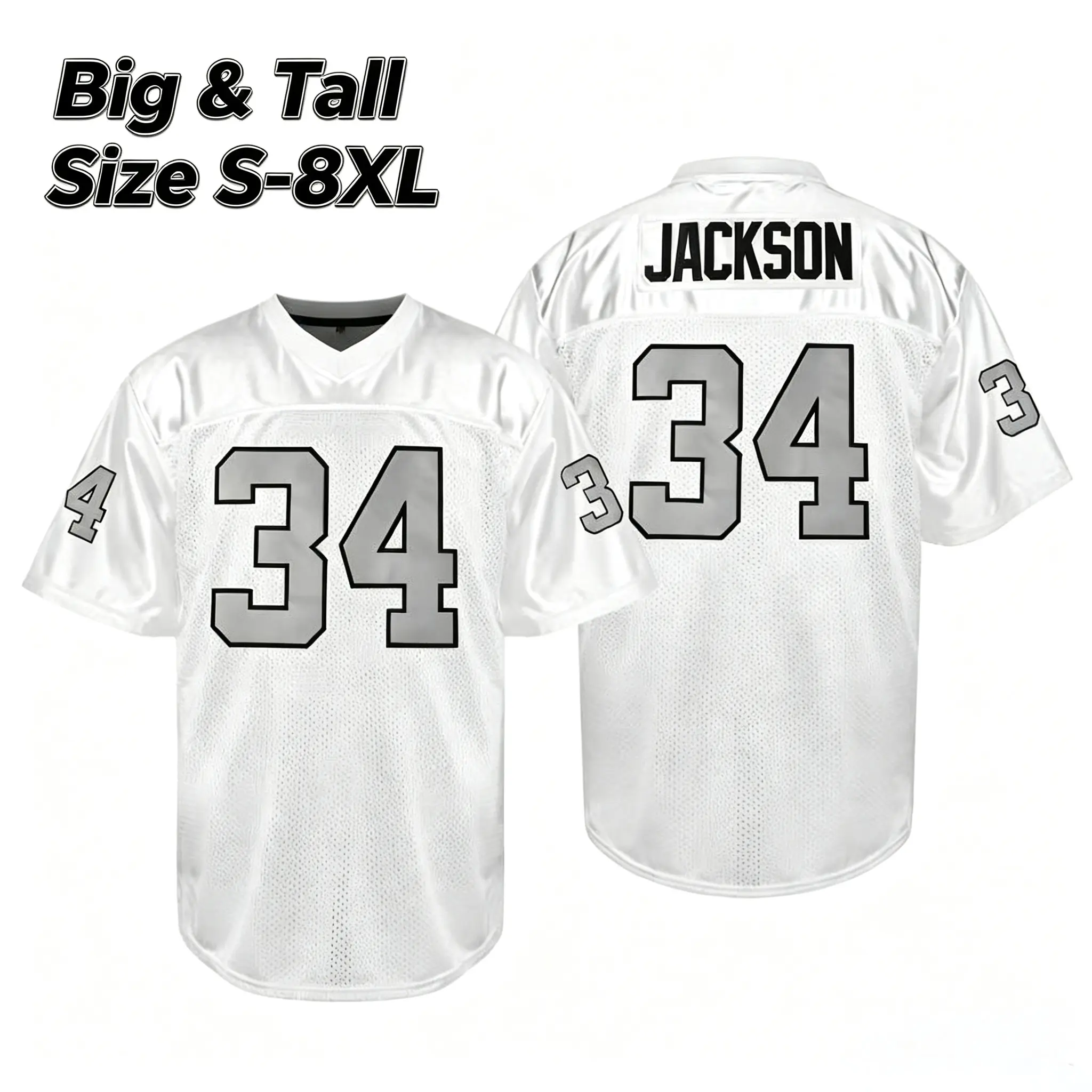 Men's Plus-Size Big & Tall Extended Size S-8XL #34 V-Neck Short-Sleeve Breathable Stitched Mesh Fabric Sports Top for Football, Baseball Enthusiasts