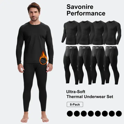 Men's 4/8-Pack Polyester Fleece-Lined Full-Length Thermal Underwear Sets - High Elasticity, Secure Fit Gym Sets, Gym Workout Apparel, Fitness Knitting Shapewear Base Layer for Skiing, Cycling