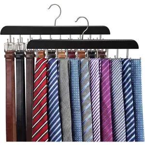 2 Pack Tie Rack and Belt Hanger 40 Hooks 360 Swivel Foldable Wooden Closet Rod Organizer Space Saving for Ties Belts Hats Bras Tank Tops Black